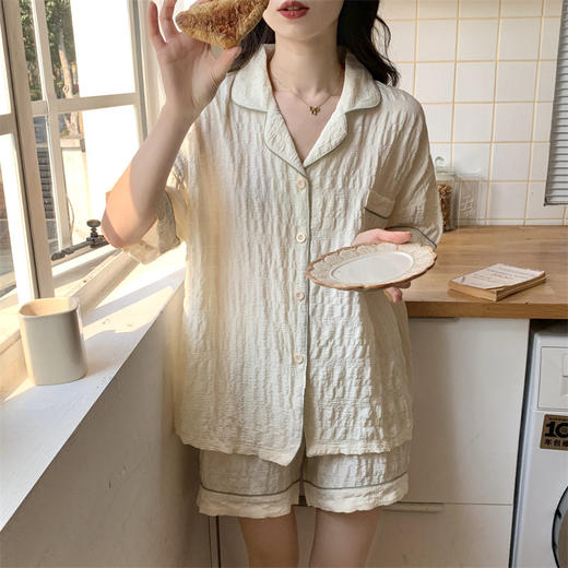 夏季【可爱舒适云朵棉睡衣】夏天新款短袖套装 撞色格子开衫家居服  商品图5