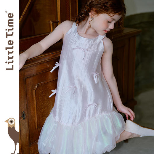 littletime千金风淡粉色挂脖连衣裙女童蝴蝶结花苞裙幻彩公主裙 商品图1