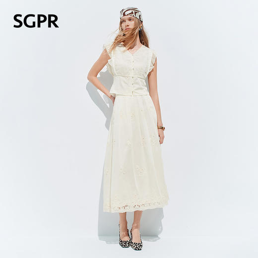 【SGPR】奶油白色V领衬衫2026年夏季飞飞袖收腰上衣镂空绣花衬衣(货号:MU80TP010) 商品图1