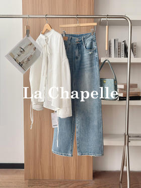 专柜实拍【简约松弛感】拉夏贝尔/La Chapelle垂顺有型高腰两扣撞色标裤袢做旧设计感直筒牛仔长裤