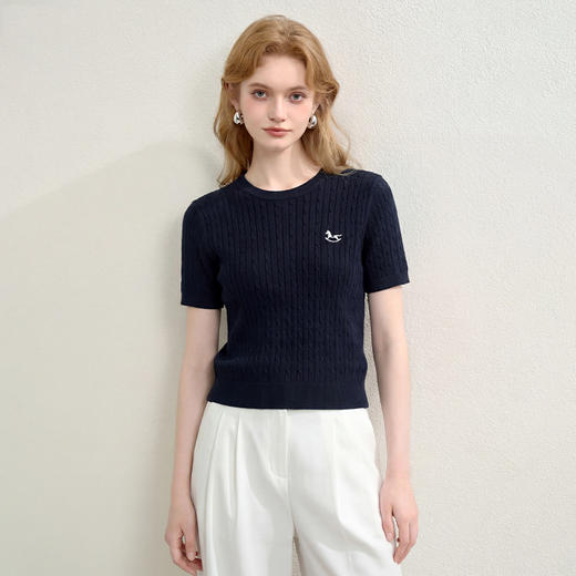 西遇麻花蝴蝶结针织短袖t恤女士装夏季2026年新款气质短款T恤上衣H0060246 商品图0