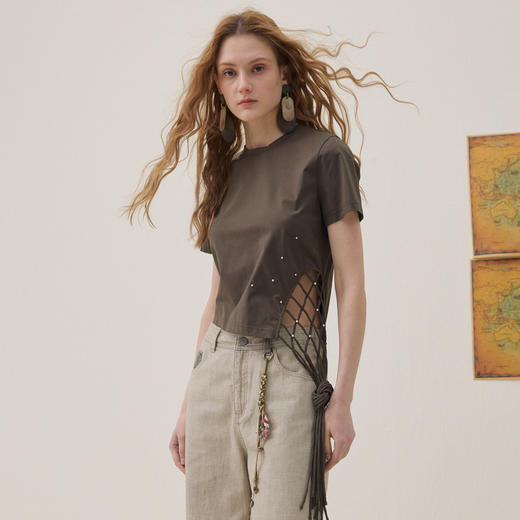 谜底编织绳T恤短袖2026年夏季新品贝壳珠子立体设计感女262MT0673 商品图1