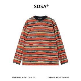 SDSA男装2026新款高贵轻奢撞色彩虹条纹网纱圆领长袖T恤百搭简约