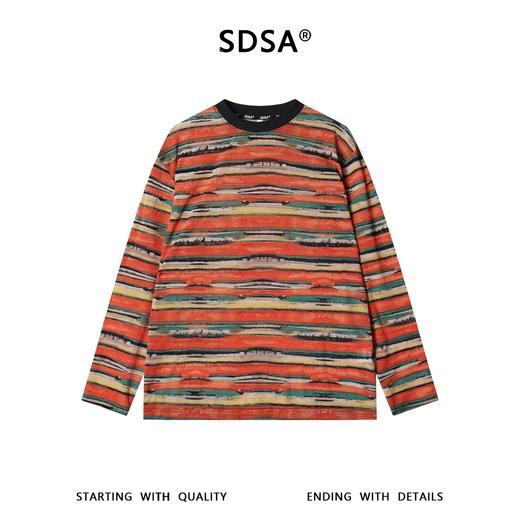 SDSA男装2026新款高贵轻奢撞色彩虹条纹网纱圆领长袖T恤百搭简约 商品图0