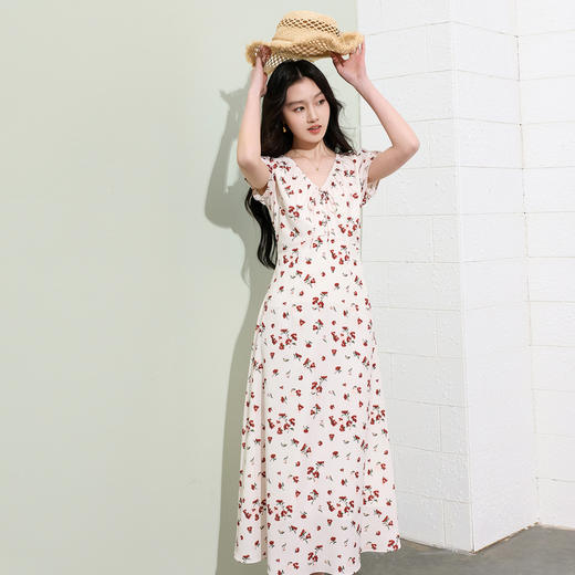 三彩2026夏季新款法式度假碎花雪纺裙连衣裙短袖A字裙长裙S 商品图2