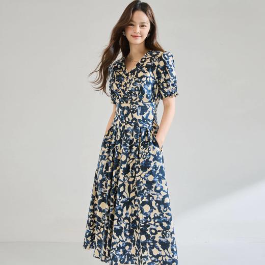 「高货sh」全新升级【铂金会员293/天猫399/差价106】(15808)洛诗琳气质印花短袖连衣裙2026新款系带收腰显瘦茶歇裙 商品图1