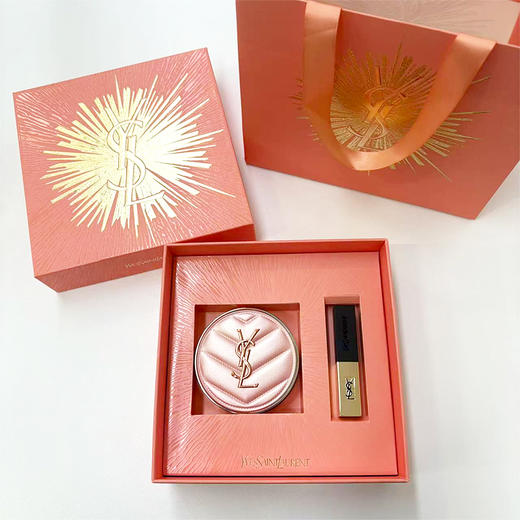 【送礼好物】圣罗兰黑皮 粉皮革气垫14g+YSL圣罗兰小金条口红1966号 正装 商品图7