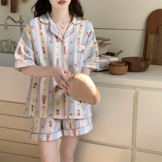 夏季【可爱舒适云朵棉睡衣】夏天新款短袖套装 撞色格子开衫家居服  商品图6