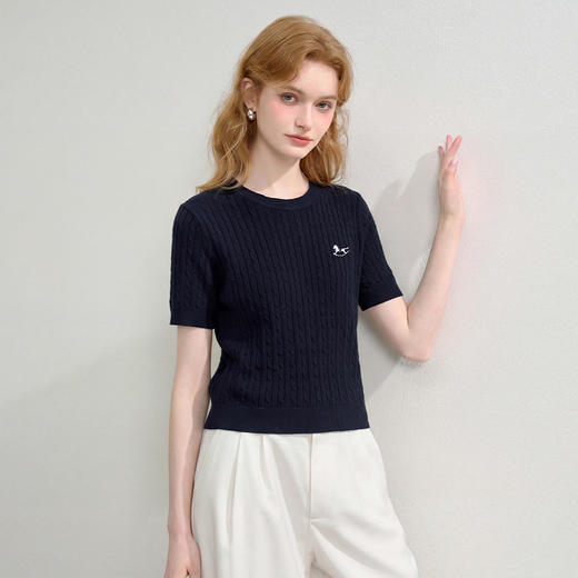 西遇麻花蝴蝶结针织短袖t恤女士装夏季2026年新款气质短款T恤上衣H0060246 商品图3