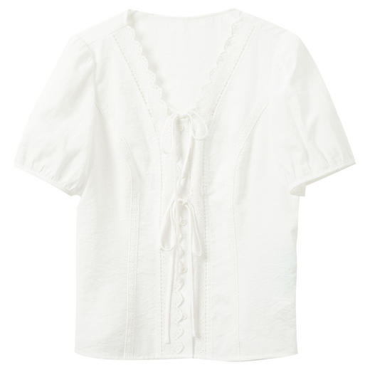 三彩2026夏季新款花边V领短袖白衬衫衬衣上衣小衫气质简约S 商品图4