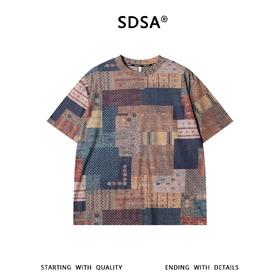 SDSA男装2026新款高贵轻奢民族风拼布宽松圆领短袖T恤百搭时尚