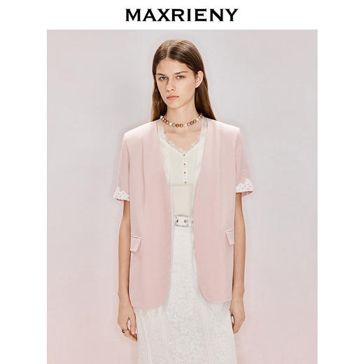 MAXRIENY藕粉色西装2026年春季新款钉珠蕾丝天丝轻薄短袖西服外套(货号:MF80JA002) 商品图2