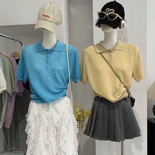 雀说翻领纯色短袖竹节麻针织衫夏季简约百搭直筒上衣 WAL7068 商品图1