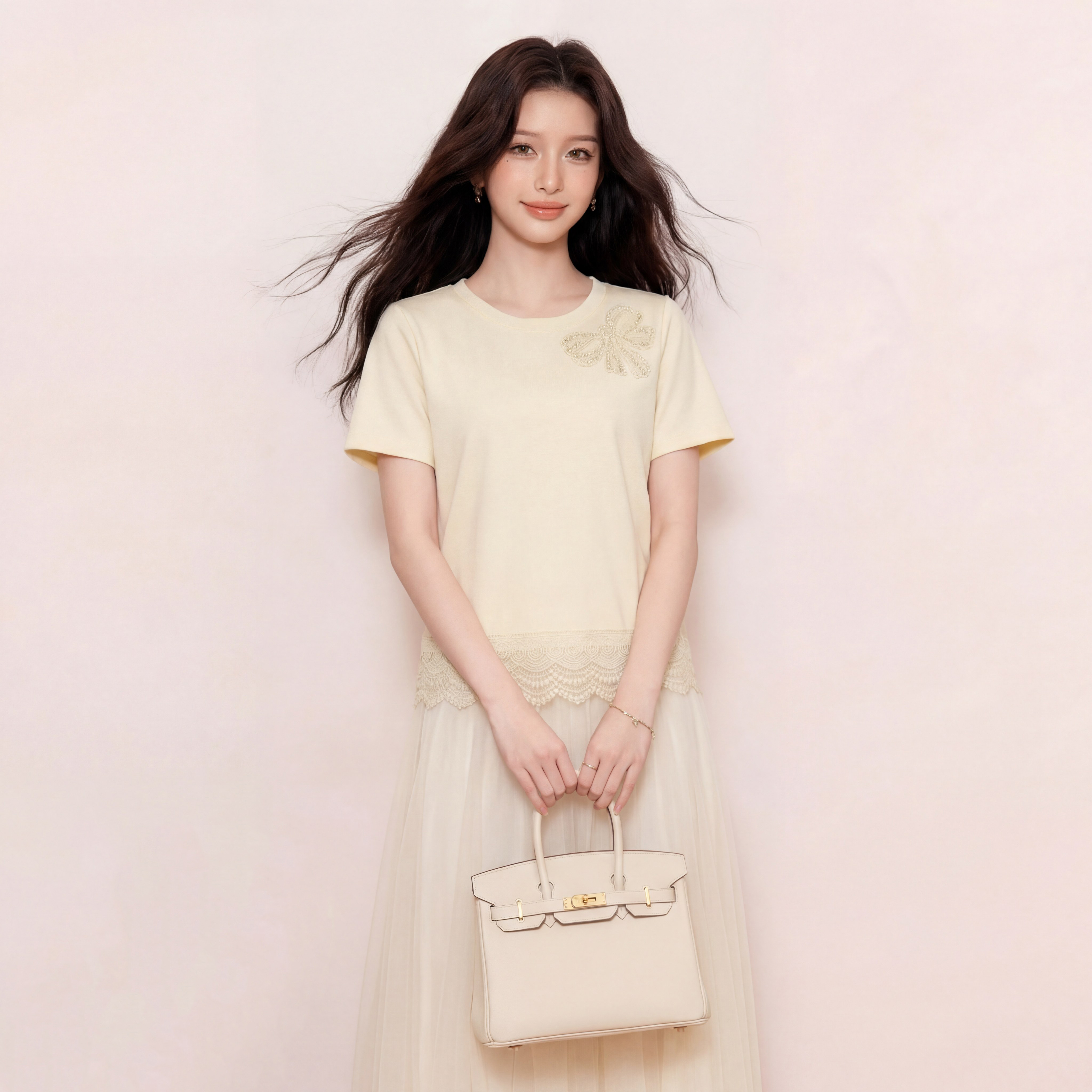 奢姿大码女装2026夏季减龄蝴蝶结钉珠上衣胖妹妹花边圆领时尚T恤9962194585