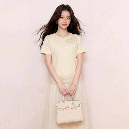 奢姿大码女装2026夏季减龄蝴蝶结钉珠上衣胖妹妹花边圆领时尚T恤9962194585 商品图0
