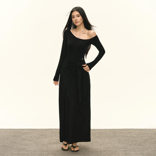 Ariseism 美式复古高级感斜肩绑带长袖长裙女春季新款修身连衣裙 商品图1