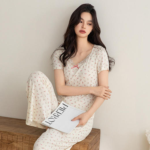 【超柔软莫代尔】夏季莫代尔女士短袖长裤薄款睡衣带胸垫家居服   JL-2588 商品图2