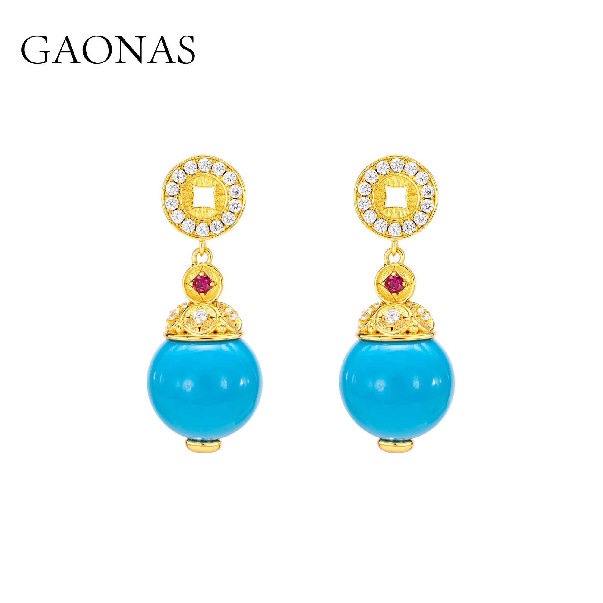 GAONAS   贵气新中式老钱蓝色珠金色耳环11948EB