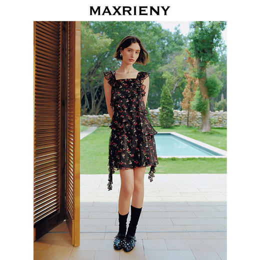 MAXRIENY夏日樱桃裙收腰X型不规则短连衣裙25夏款浪漫优雅感裙子(货号:MS86DR092) 商品图1