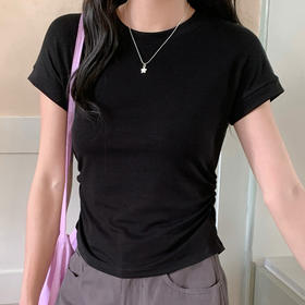 【99元2件】【T恤】夏季纯色收腰褶皱莱赛尔圆领T恤正肩短袖女百搭修身显瘦 内搭【FF26512】