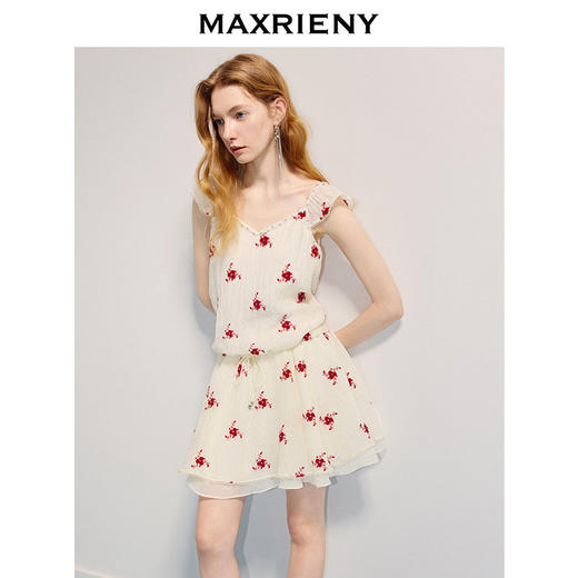 【曾宥臻同款】MAXRIENY精致优雅红花绣花连衣裙飞飞袖短款收腰裙(货号:MC86DR272) 商品图2
