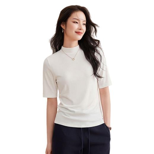 「自j」全新升级【铂金会员109/天猫139/差价30】(20453)洛诗琳慕斯竹节棉中袖T恤女2026春夏新款显瘦小立领短袖上衣 商品图4