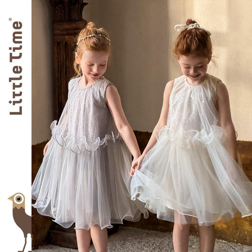 littletime梦幻无袖纱质连衣裙女童水母钉珠蓬蓬裙白色灰色礼服 商品图3