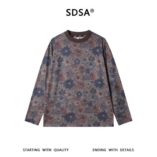 SDSA男装2026新款高贵轻奢美式复古满印花卉设计圆领长袖T恤百搭 商品图0