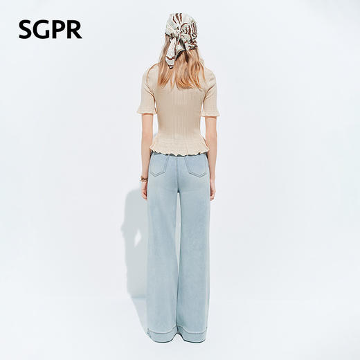 【SGPR】浅杏色收腰修身上衣2026年夏季新款短袖荷叶边针织衫毛衣(货号:MU80SW004) 商品图3