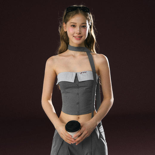 Ariseism 美式复古灰色抹胸长裤套装女夏季新款两件套 商品图4