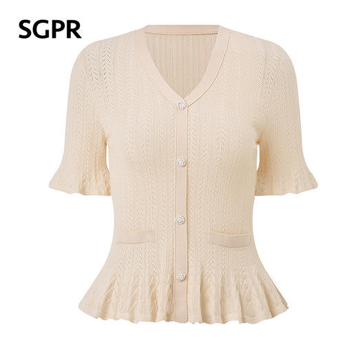 【SGPR】浅杏色收腰修身上衣2026年夏季新款短袖荷叶边针织衫毛衣(货号:MU80SW004) 商品图4