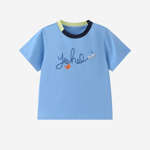 【100%精梳棉】英氏儿童衣服男童夏季百搭短袖圆领T恤纯棉蓝色休闲套头衫26新款 商品图4