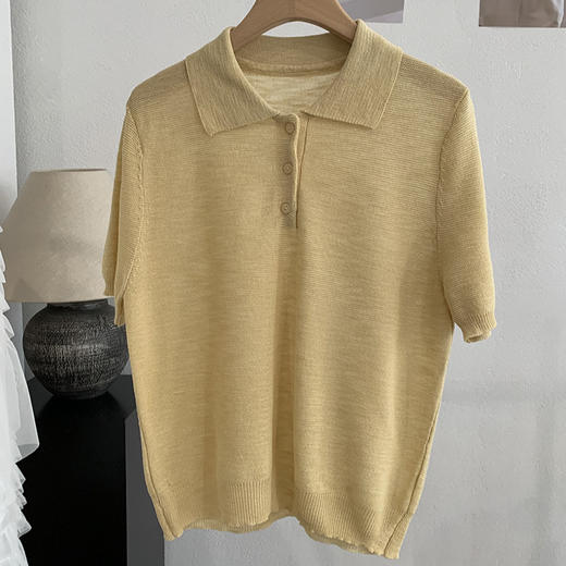 雀说翻领纯色短袖竹节麻针织衫夏季简约百搭直筒上衣 WAL7068 商品图4