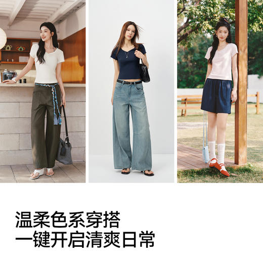 森马短袖T恤女夏季短款V领半开襟套头衫紧身纯色正肩2026新款上衣 商品图4