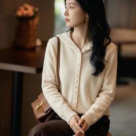 100 山羊绒慵懒风连帽针织开衫外套女CYR25032