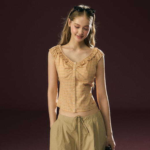 Ariseism 美式复古黄色格子小飞袖修身上衣女夏季新款小衫 商品图2