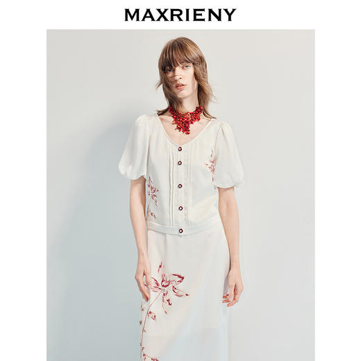 MAXRIENY精致日常感箱型印花雪纺衫25夏款法式复古修身上衣女(货号:MT86TP251) 商品图0