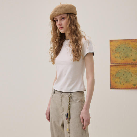 谜底撞色T恤短袖2026年夏季新品简约修身百搭舒适棉麻女262MT0625 商品图1