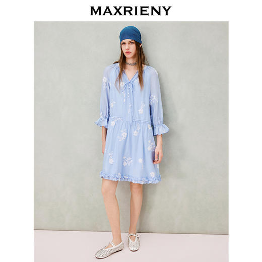 MAXRIENY波嬉度假风印花连衣裙26夏季蓝色醋纤短裙宽松甜美裙子女(货号:MS80DR021) 商品图1