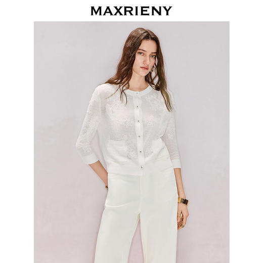 MAXRIENY白色半透轻薄针织开衫2026春季新款贴布绣针织衫毛衣上衣(货号:MF80JA009) 商品图2