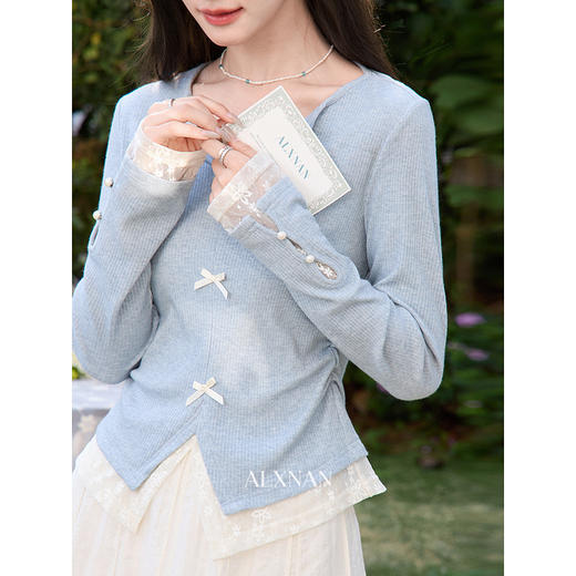 鹿向南「海盐日记」假两件蓝色长袖t恤女春轻薄收腰短款法式上衣 商品图3