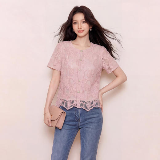 奢姿大码女装2026夏季优雅波浪摆上衣胖妹妹小香风蕾丝刺绣衬衫9962294610 商品图2