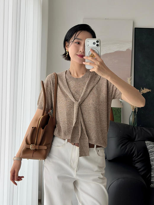 「工厂团购上新」 亚麻假两件披肩款圆领针织T恤上衣60605 商品图1