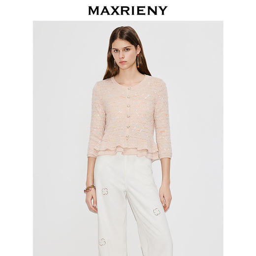 MAXRIENY浅藕粉色针织衫2026年春季新款修身双层荷叶边上衣毛衣(货号:MF80SW002) 商品图2