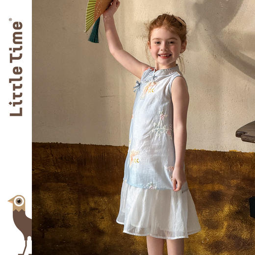 littletime新中式风女童连衣裙夏季无袖刺绣蓝色长裙洋气复古 商品图4