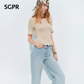 【SGPR】浅杏色收腰修身上衣2026年夏季新款短袖荷叶边针织衫毛衣(货号:MU80SW004)