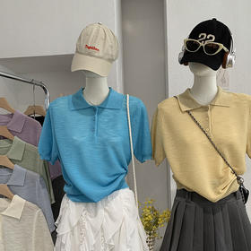 雀说翻领纯色短袖竹节麻针织衫夏季简约百搭直筒上衣 WAL7068