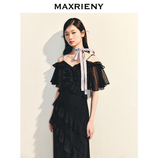 MAXRIENY法式复古花边收腰连衣裙25夏款浪漫赫本风长裙约会小黑裙(货号:MS86DR088) 商品图2
