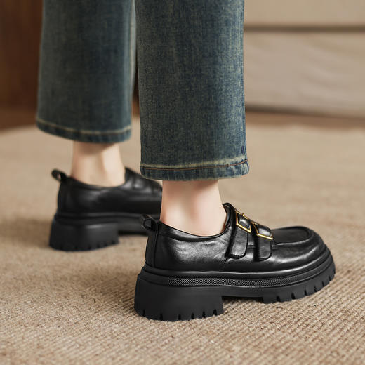 阿么手工女鞋厚底乐福鞋女2025新款学院风jk小金扣真皮小皮鞋5CM 商品图3