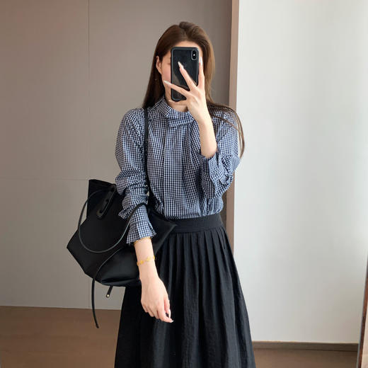 气质文艺！2026客供60支纯棉亲肤透气花边立领单排扣细格纹衬衫！ 商品图0